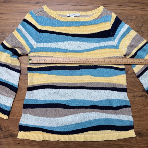 Chico's Striped Pullover Sweater 0 Small Aquatic Teal Bell Sleeve Yellow Black - Picture 5 of 6
